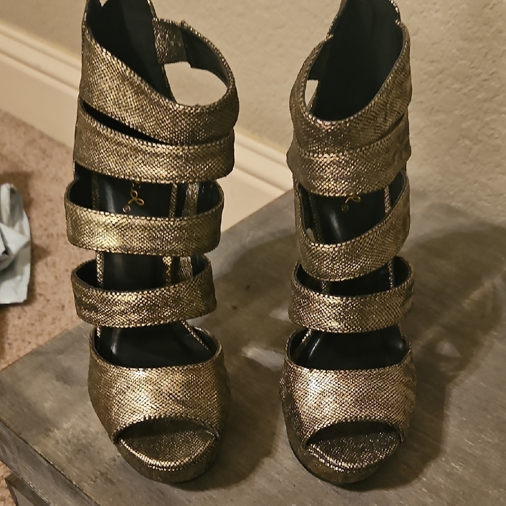 Qupid Metallic Gold Strappy Heels